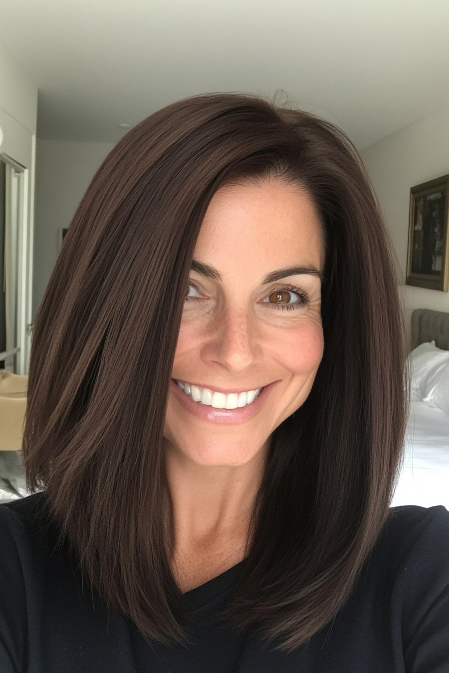 18. Sleek Shoulder-Length Cut in Espresso Brown (Medium Length Hairstyles For Women Over 60) - Medium Length Hairstyles For Women Over 60