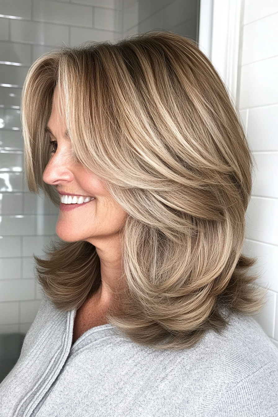 19. Layered Lob with Subtle Highlights in Light Brown (Medium Length Hairstyles For Women Over 60) - Medium Length Hairstyles For Women Over 60