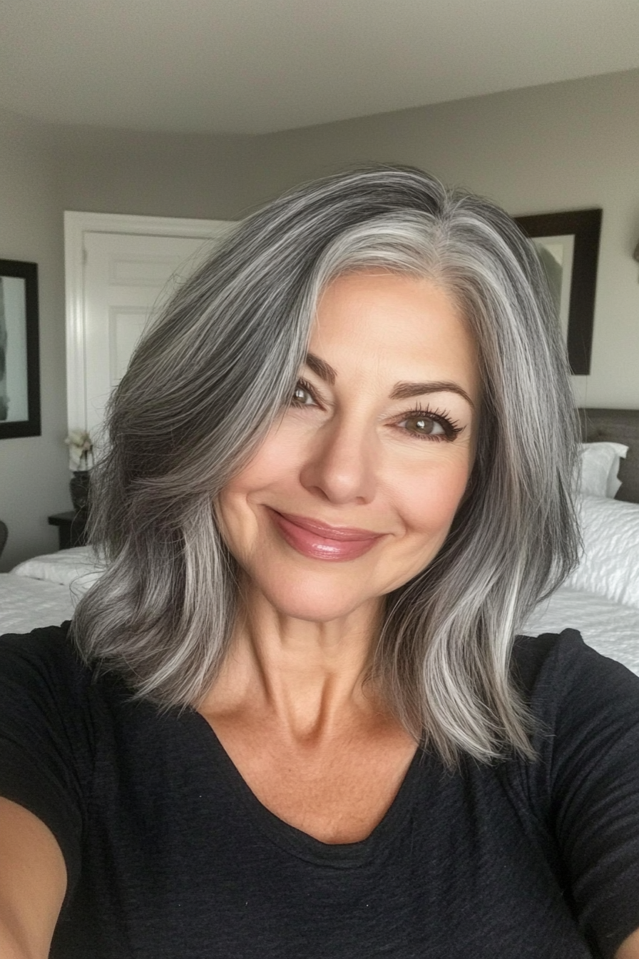 21. Side-Parted Lob in Steel Gray (Medium Length Hairstyles For Women Over 60) - Medium Length Hairstyles For Women Over 60