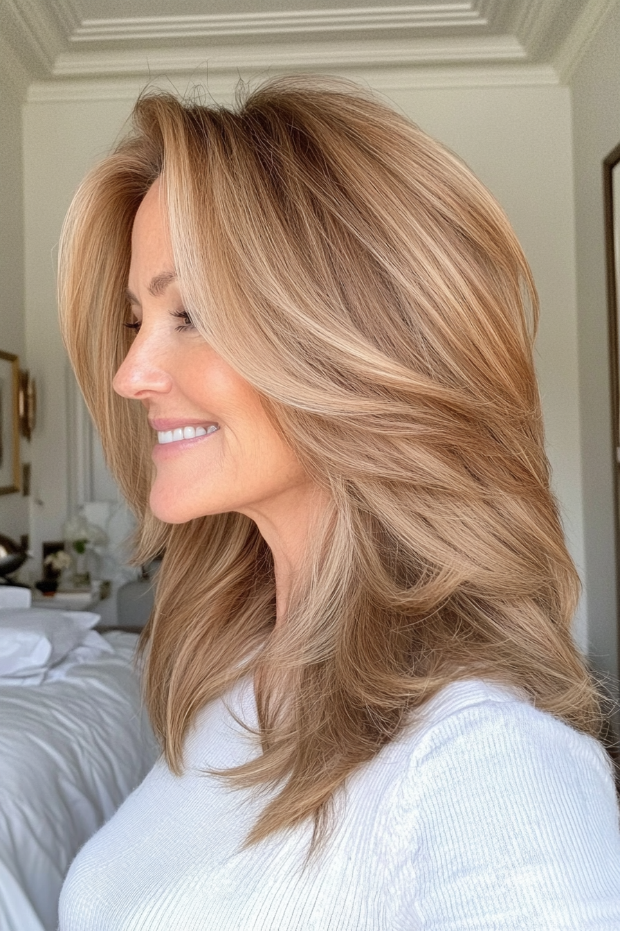 22. Soft Feathered Layers in Light Chestnut (Medium Length Hairstyles For Women Over 60) - Medium Length Hairstyles For Women Over 60