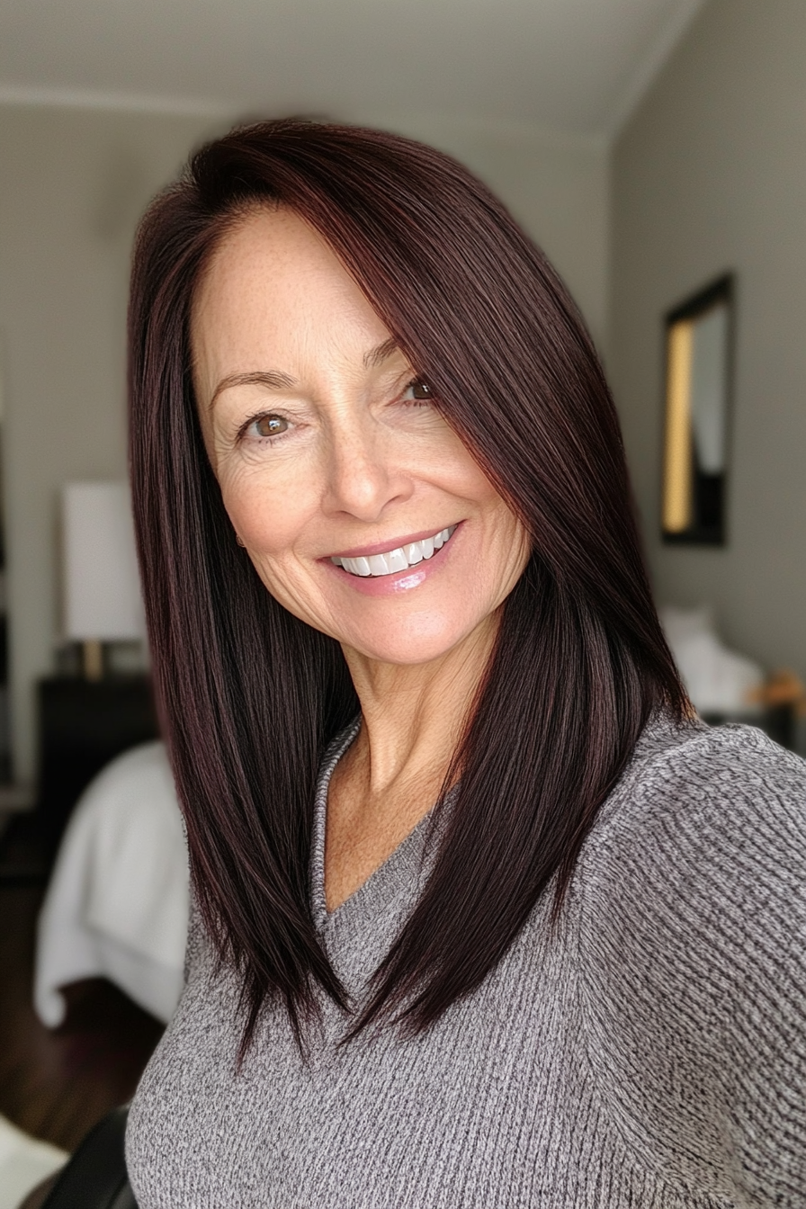 23. Straight Midi with Deep Side Part in Dark Mahogany (Medium Length Hairstyles For Women Over 60) - Medium Length Hairstyles For Women Over 60