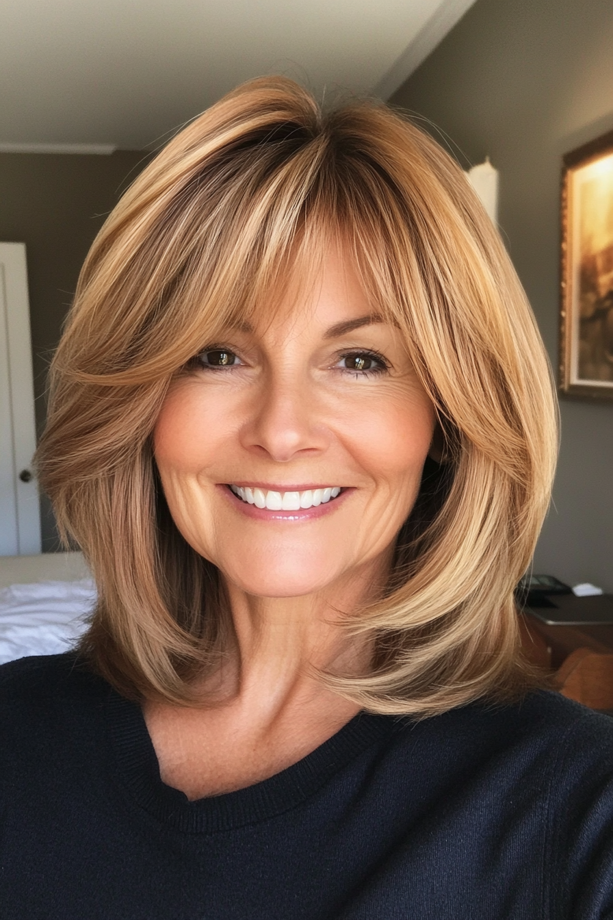 26. Layered Bob with Soft Bangs in Light Caramel (Medium Length Hairstyles For Women Over 60) - Medium Length Hairstyles For Women Over 60
