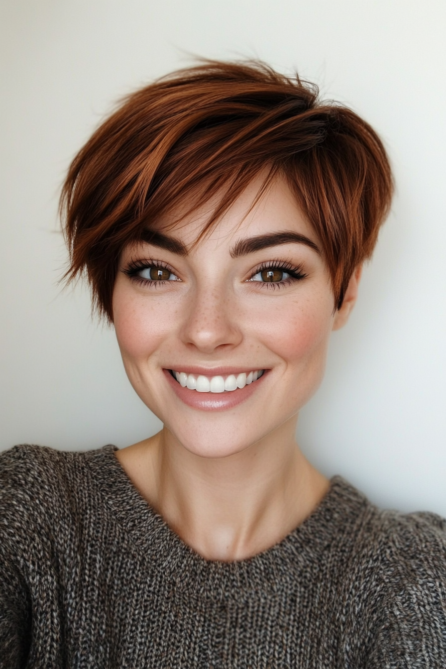 4. Feathered Pixie in Dark Auburn (Short Hairstyles For Thin Hair) - Short Hairstyles For Thin Hair