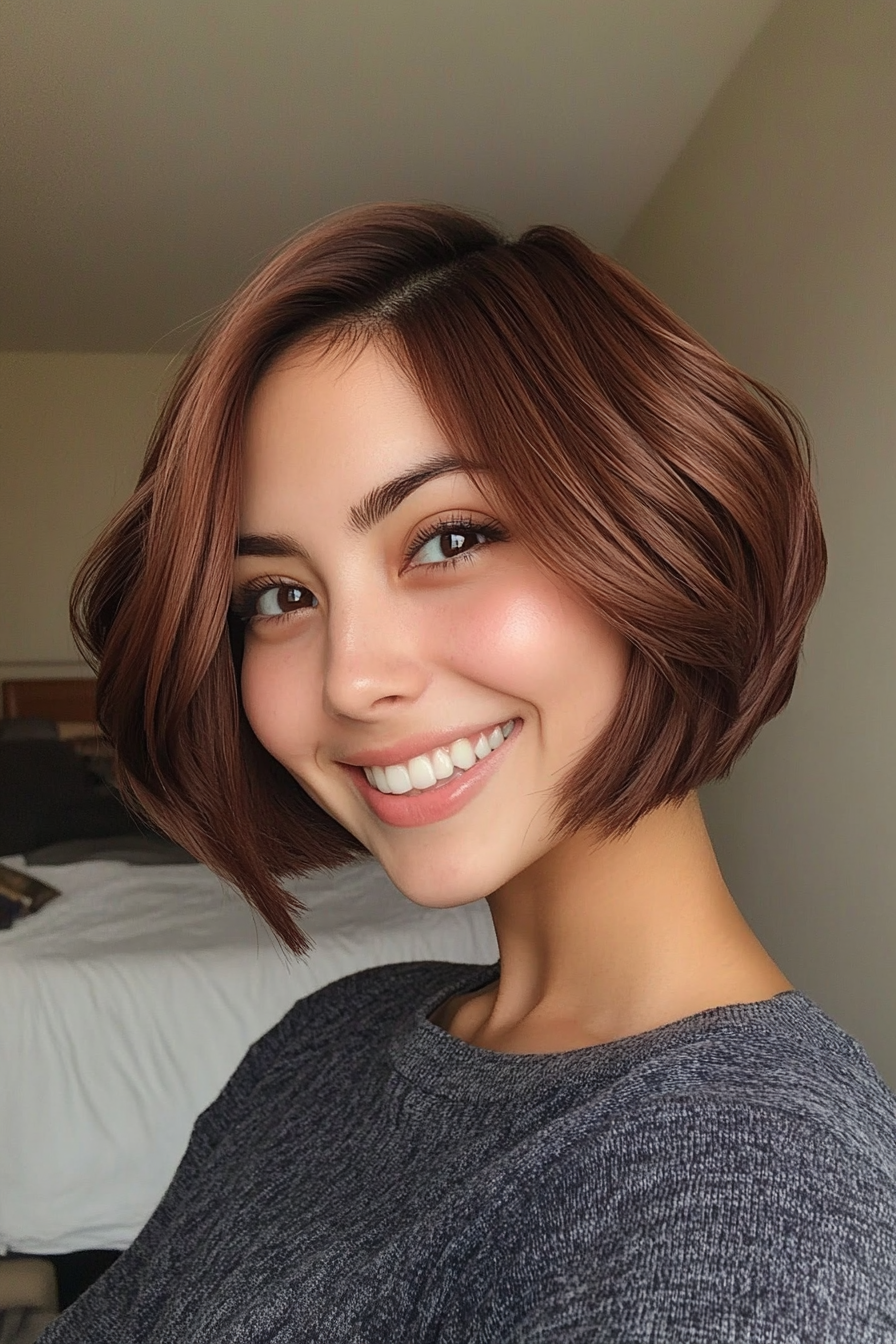 13. Curved Bob in Soft Mahogany (Short Hairstyles For Thin Hair) - Short Hairstyles For Thin Hair