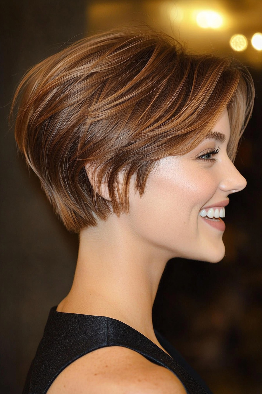 19. Short Layered Shag in Medium Caramel Brown (Short Hairstyles For Thin Hair) - Short Hairstyles For Thin Hair