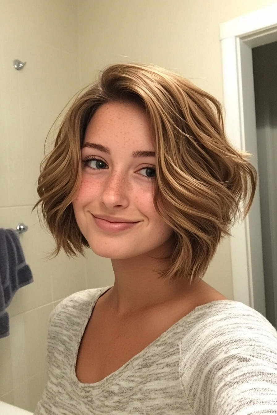 22. Wavy Lob in Honey Brown (Short Hairstyles For Thin Hair) - Short Hairstyles For Thin Hair