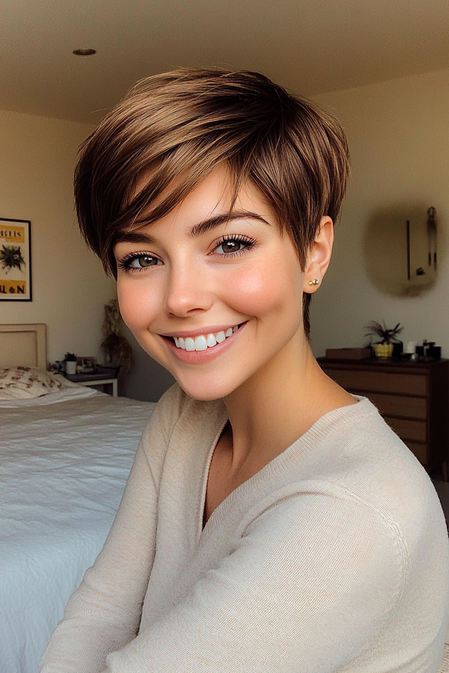 24. Pixie with Side Bangs in Warm Almond Brown (Short Hairstyles For Thin Hair) - Short Hairstyles For Thin Hair