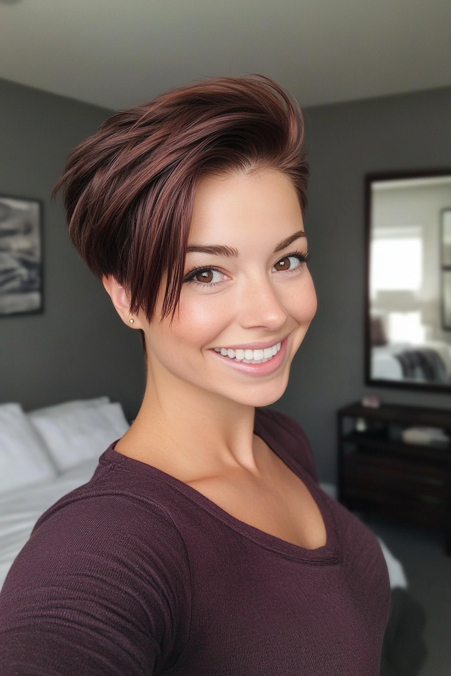 26. Subtle Undercut Pixie in Deep Mahogany Brown (Short Hairstyles For Thin Hair) - Short Hairstyles For Thin Hair