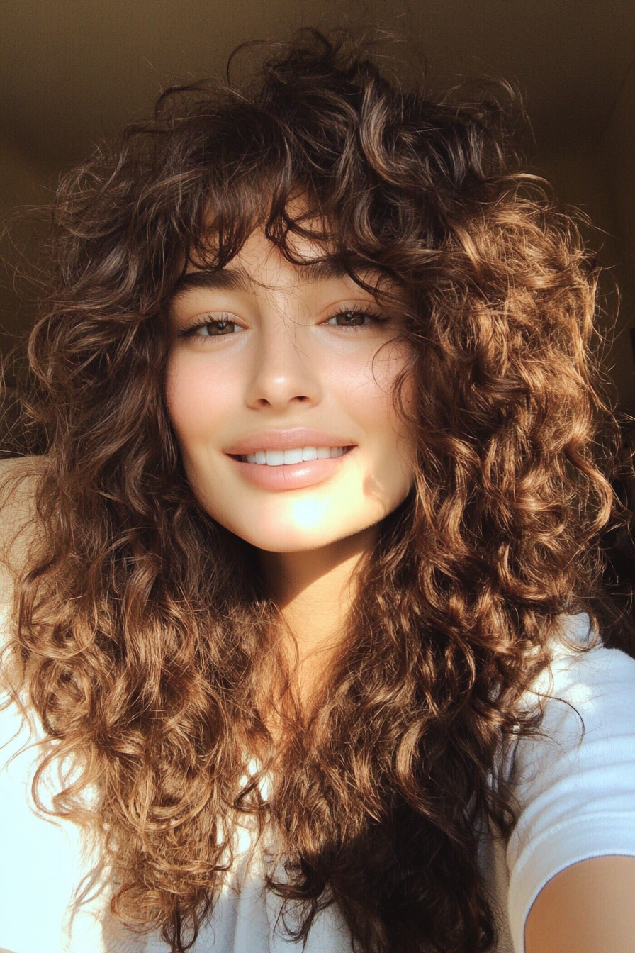 1. Layered Cascade with Deep Chestnut Curls (Hairstyles For Curly Hair With Bangs) - Hairstyles For Curly Hair With Bangs