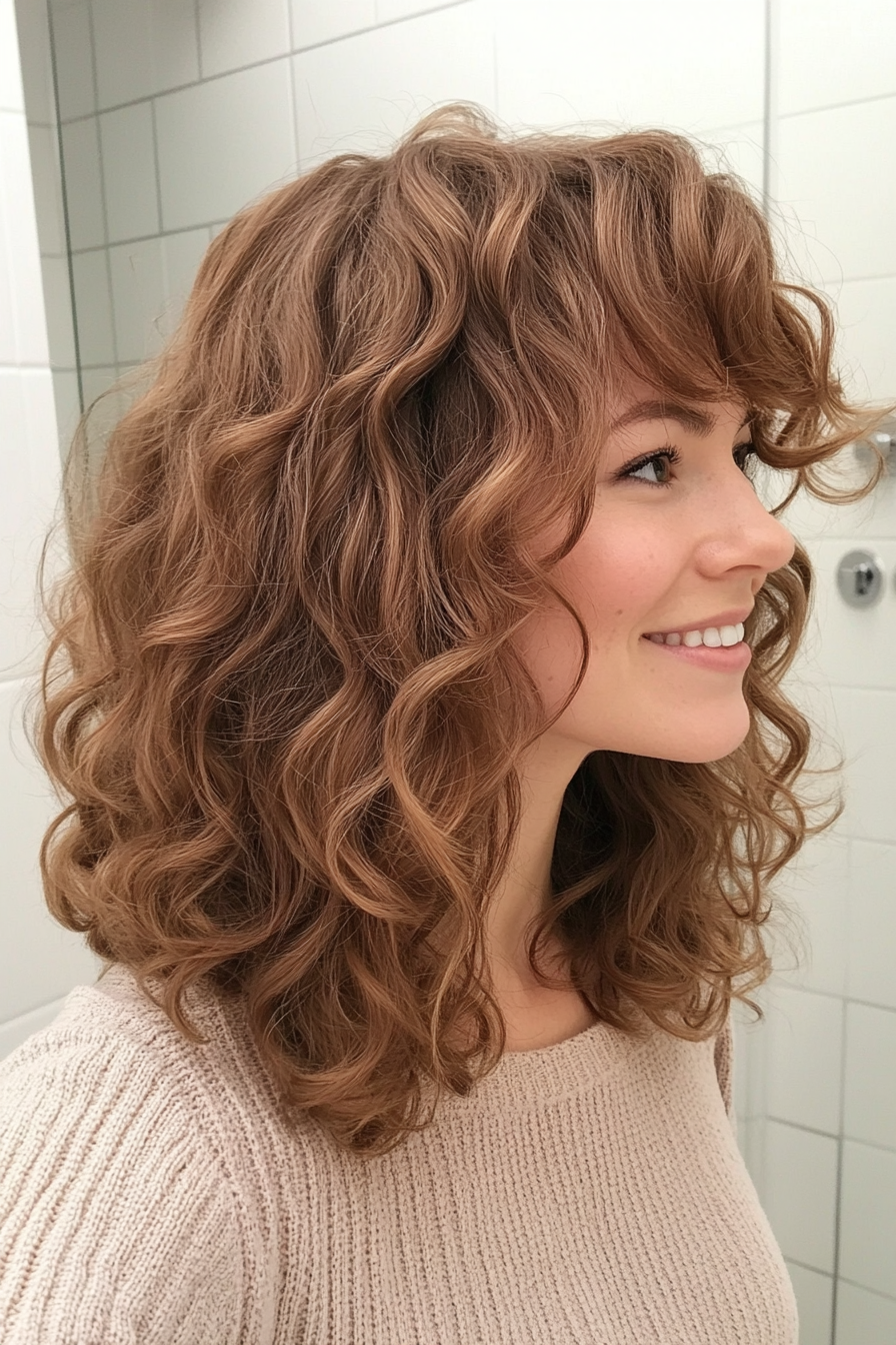 2. Soft Curly Shag with Warm Brown Undertones (Hairstyles For Curly Hair With Bangs) - Hairstyles For Curly Hair With Bangs