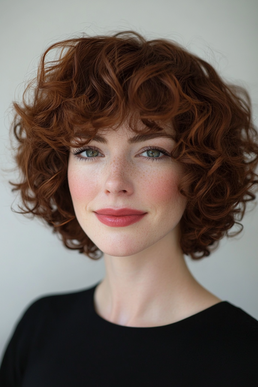 3. Defined Corkscrew Bob in Dark Chocolate (Hairstyles For Curly Hair With Bangs) - Hairstyles For Curly Hair With Bangs
