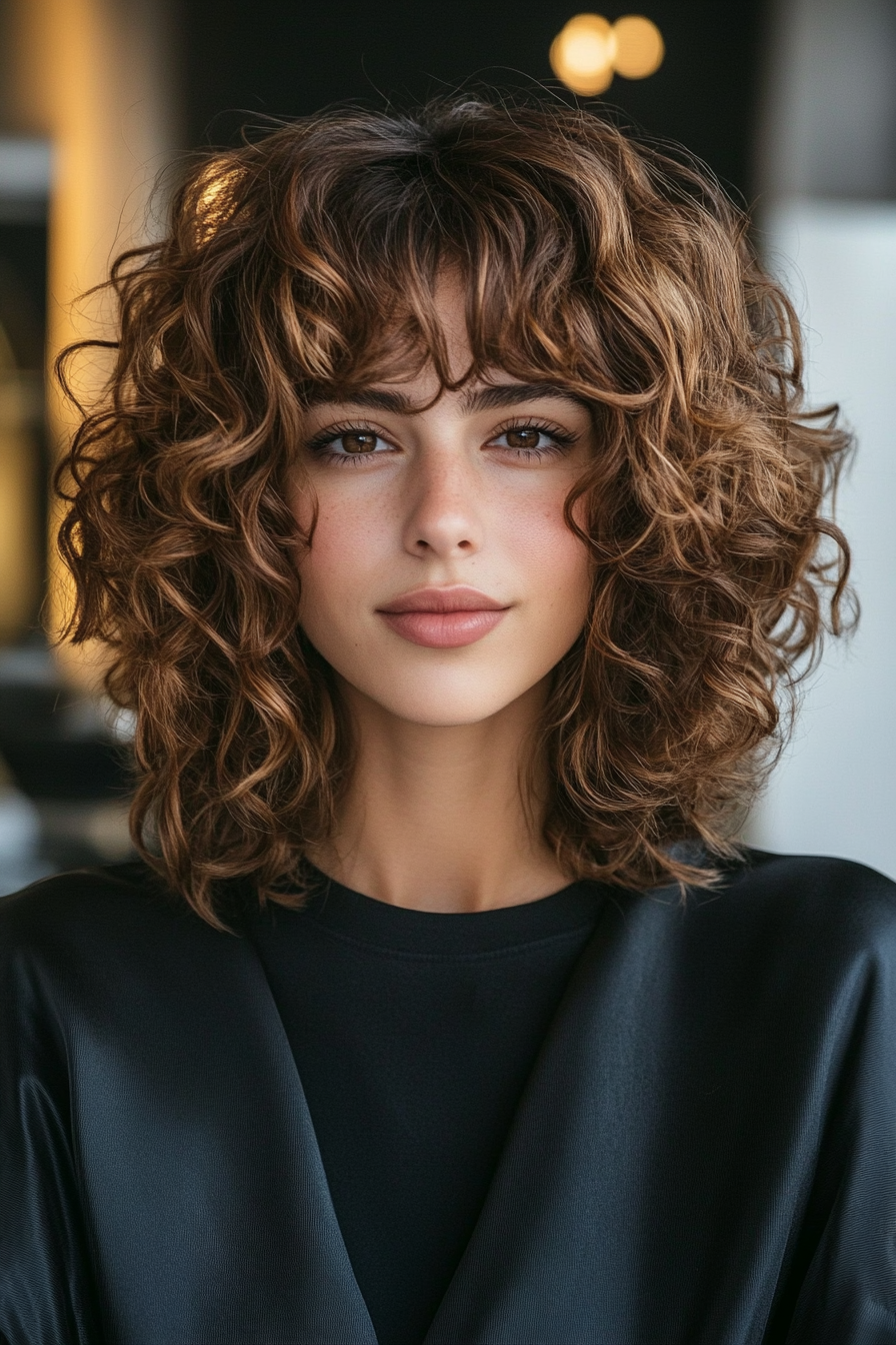 4. Voluminous Curly Fringe with Golden Honey Highlights (Hairstyles For Curly Hair With Bangs) - Hairstyles For Curly Hair With Bangs