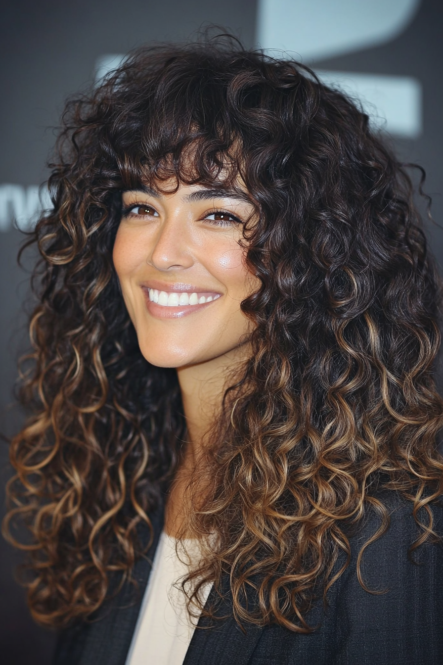 6. Long Curly Layers with Espresso-Toned Depth (Hairstyles For Curly Hair With Bangs) - Hairstyles For Curly Hair With Bangs