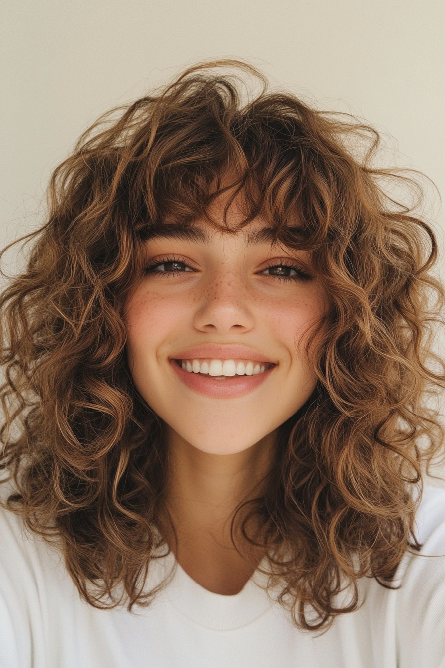 7. Wispy Curly Bangs with Light Caramel Waves (Hairstyles For Curly Hair With Bangs) - Hairstyles For Curly Hair With Bangs