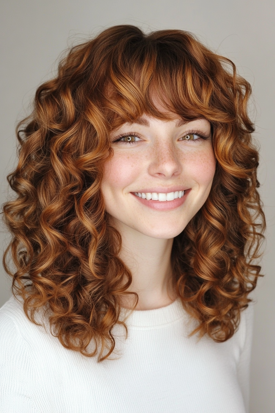 9. Shoulder-Length Curls with Subtle Chestnut Balayage (Hairstyles For Curly Hair With Bangs) - Hairstyles For Curly Hair With Bangs