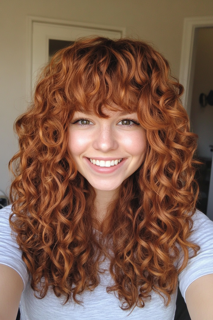 10. Loose Curly Lob with Rich Auburn Tones (Hairstyles For Curly Hair With Bangs) - Hairstyles For Curly Hair With Bangs