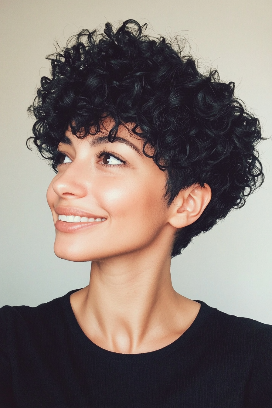 11. Short Curly Pixie in Jet Black (Hairstyles For Curly Hair With Bangs) - Hairstyles For Curly Hair With Bangs