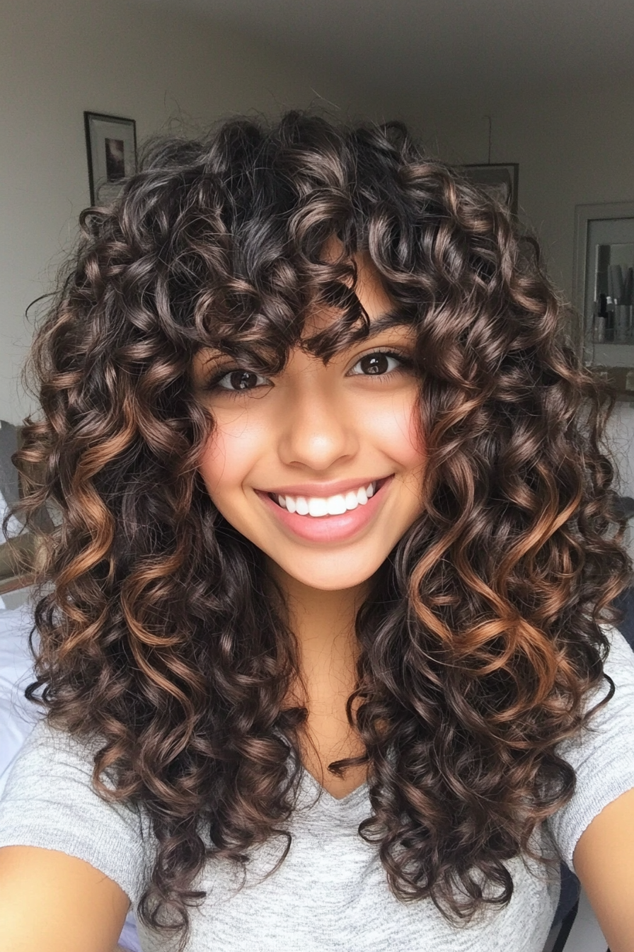 12. Full Curls with Rounded Bangs in Deep Mahogany (Hairstyles For Curly Hair With Bangs) - Hairstyles For Curly Hair With Bangs
