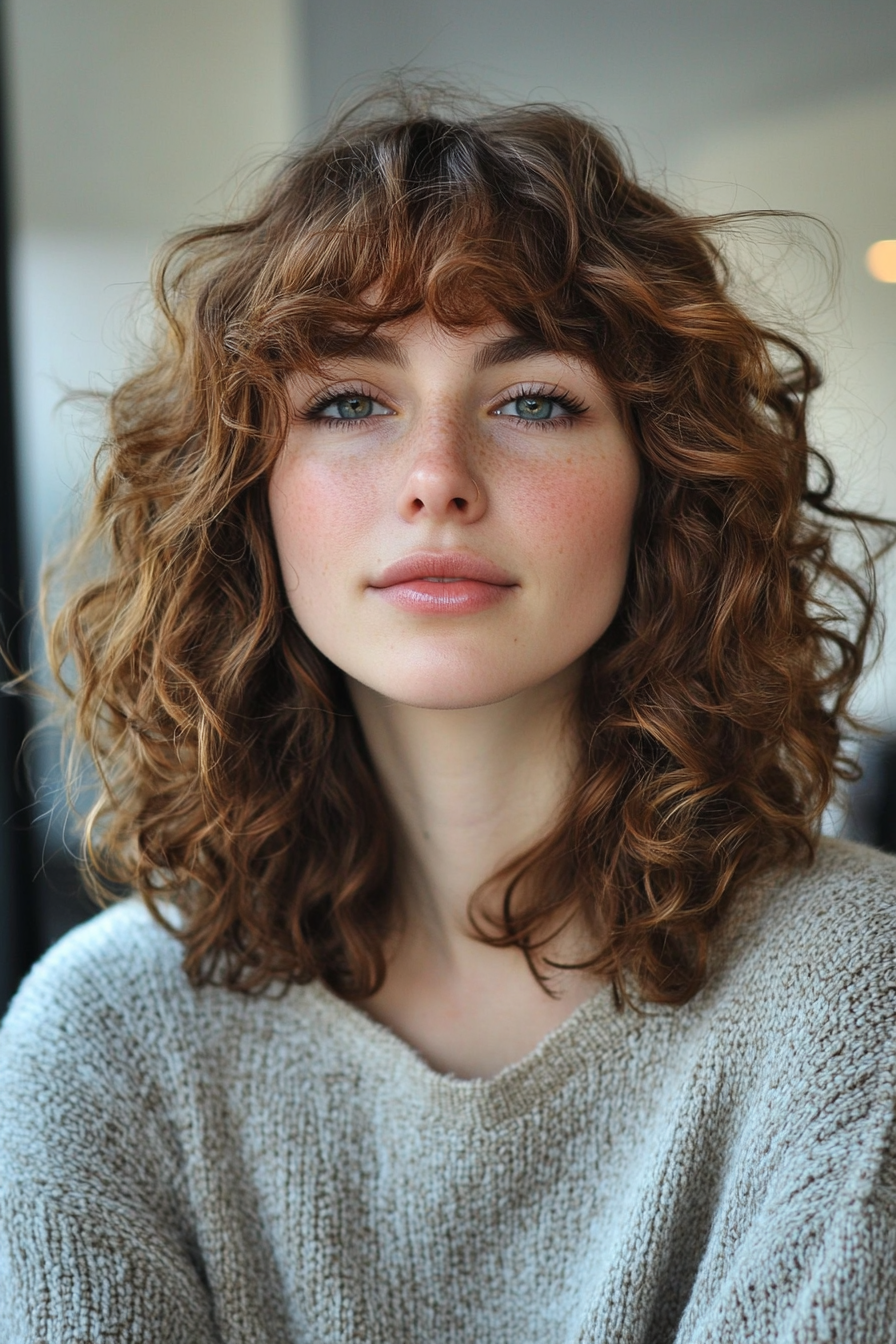 13. Curly Wolf Cut with Warm Chestnut Layers (Hairstyles For Curly Hair With Bangs) - Hairstyles For Curly Hair With Bangs