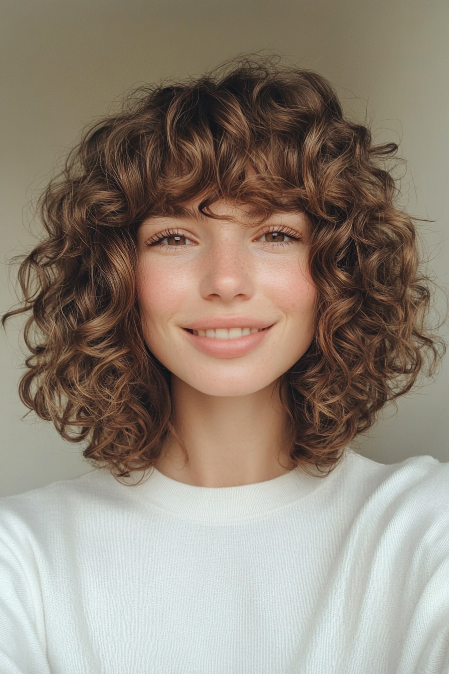 14. Face-Framing Curls with Medium Golden Brown Dimension (Hairstyles For Curly Hair With Bangs) - Hairstyles For Curly Hair With Bangs