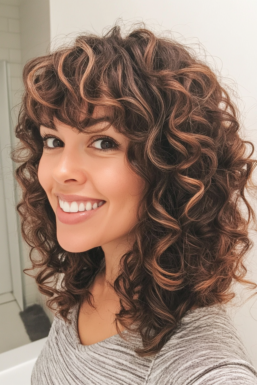 15. Tight Coils with Angled Bangs in Cool Espresso (Hairstyles For Curly Hair With Bangs) - Hairstyles For Curly Hair With Bangs