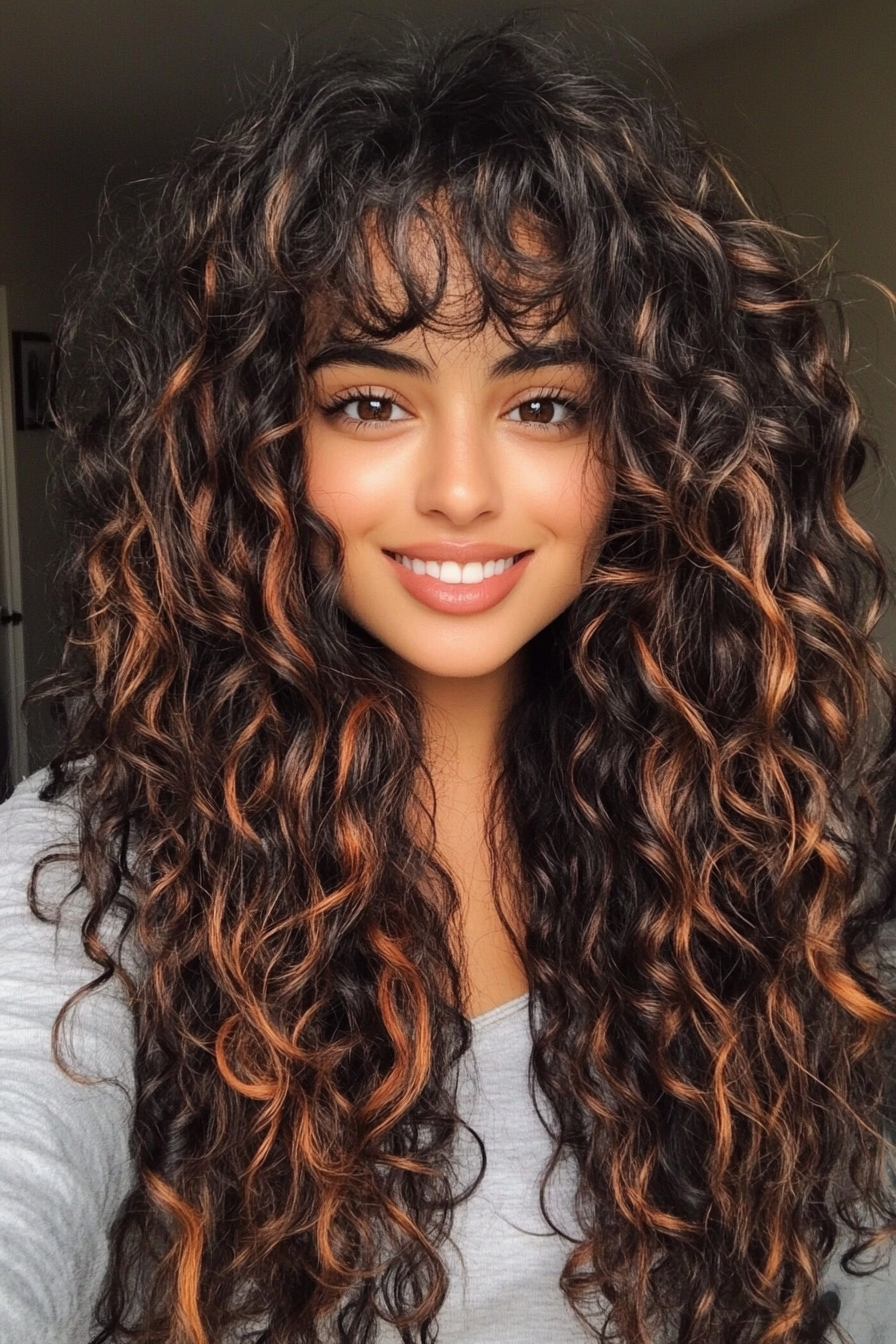 16. Bohemian Long Curls with Dark Copper Highlights (Hairstyles For Curly Hair With Bangs) - Hairstyles For Curly Hair With Bangs