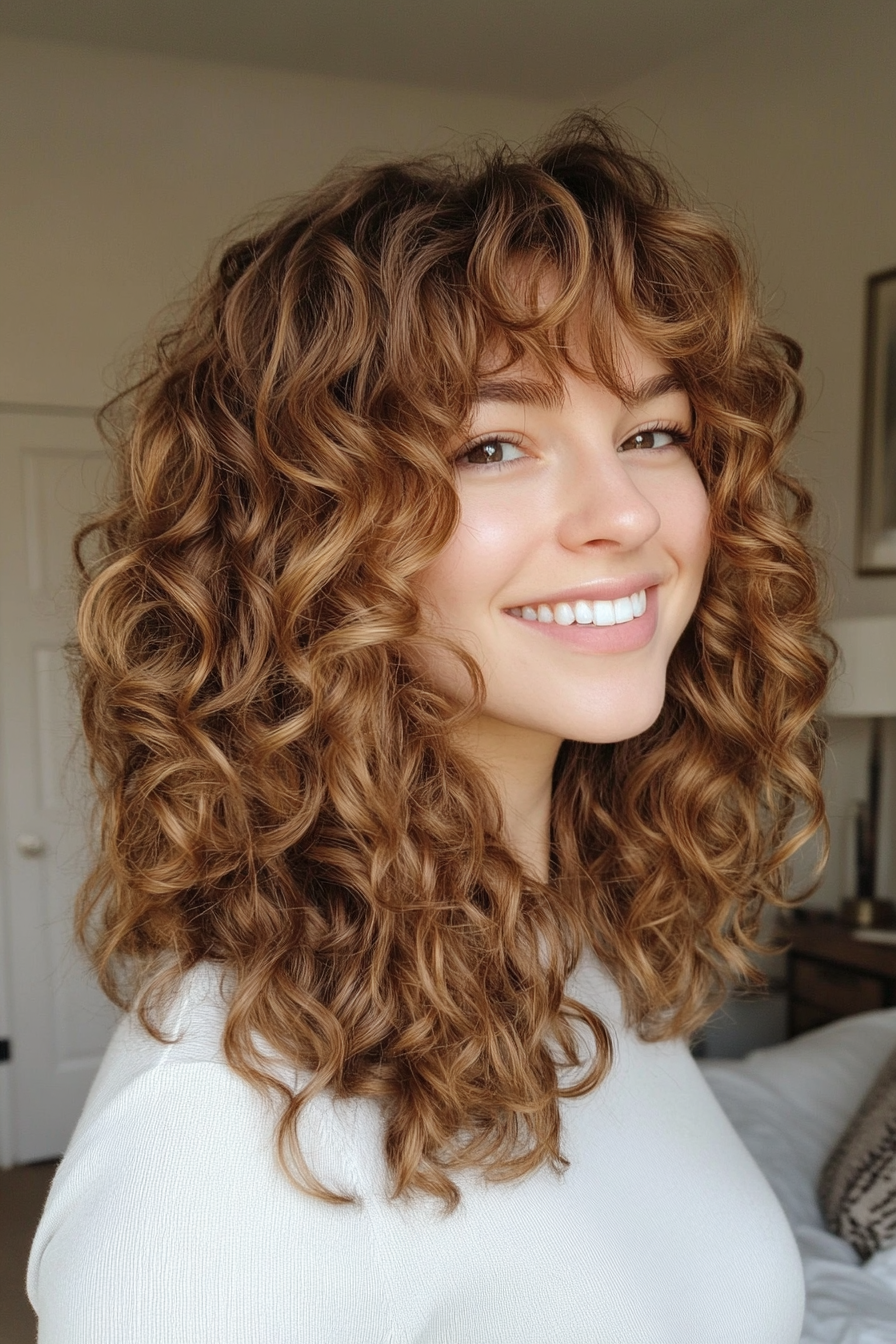 17. Soft Layered Ringlets with Natural Ash Brown Base (Hairstyles For Curly Hair With Bangs) - Hairstyles For Curly Hair With Bangs