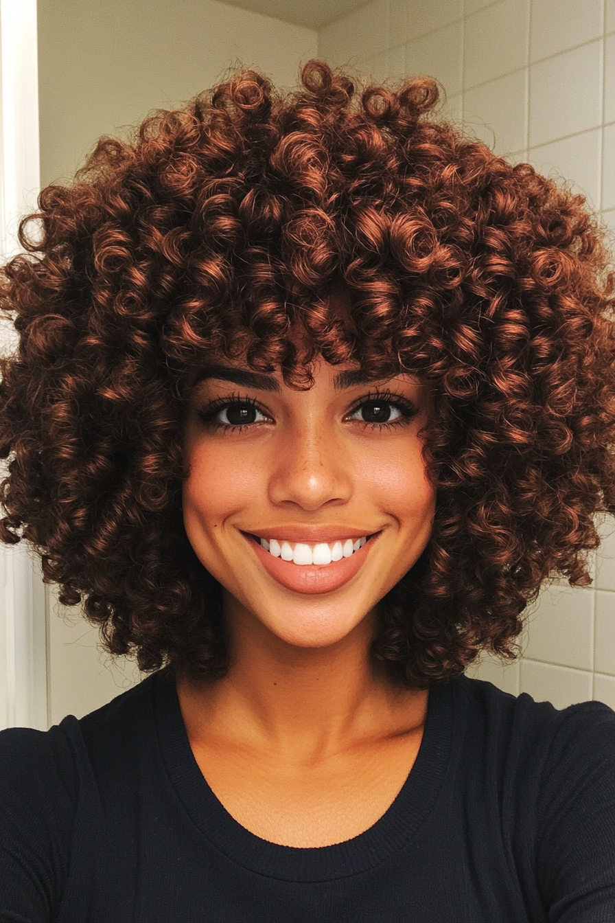 18. Cropped Curly Afro with Deep Brown Tones (Hairstyles For Curly Hair With Bangs) - Hairstyles For Curly Hair With Bangs