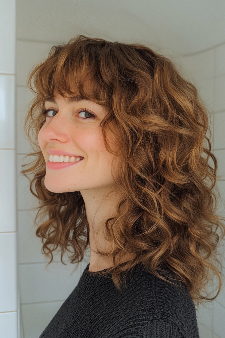 19. Feathered Curly Bangs with Light Mocha Undertones (Hairstyles For Curly Hair With Bangs) - Hairstyles For Curly Hair With Bangs
