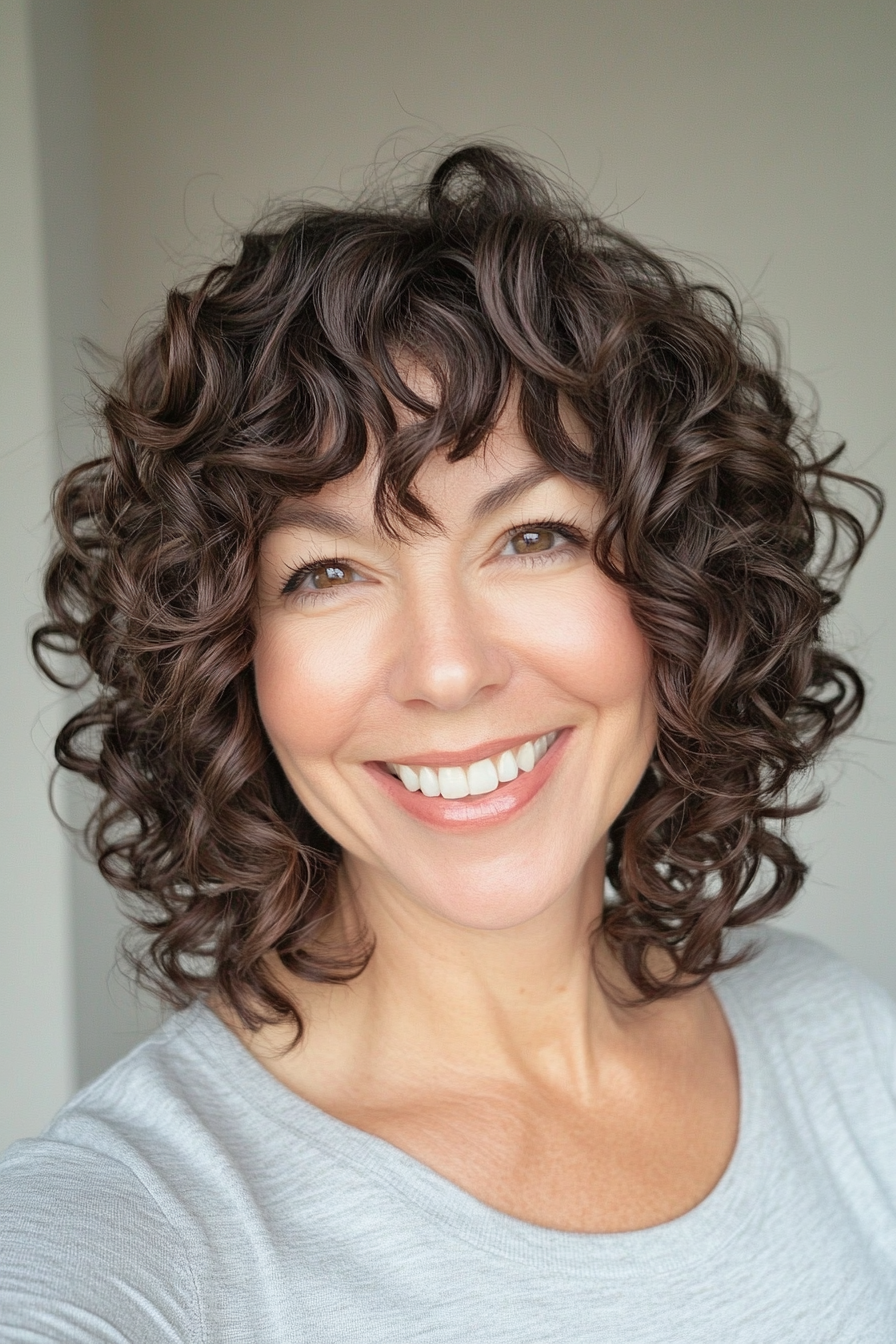 20. Textured Spiral Bob in Dark Hazelnut (Hairstyles For Curly Hair With Bangs) - Hairstyles For Curly Hair With Bangs