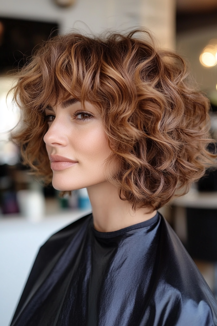 21. Chin-Length Layered Curls with Cinnamon Brown Streaks (Hairstyles For Curly Hair With Bangs) - Hairstyles For Curly Hair With Bangs
