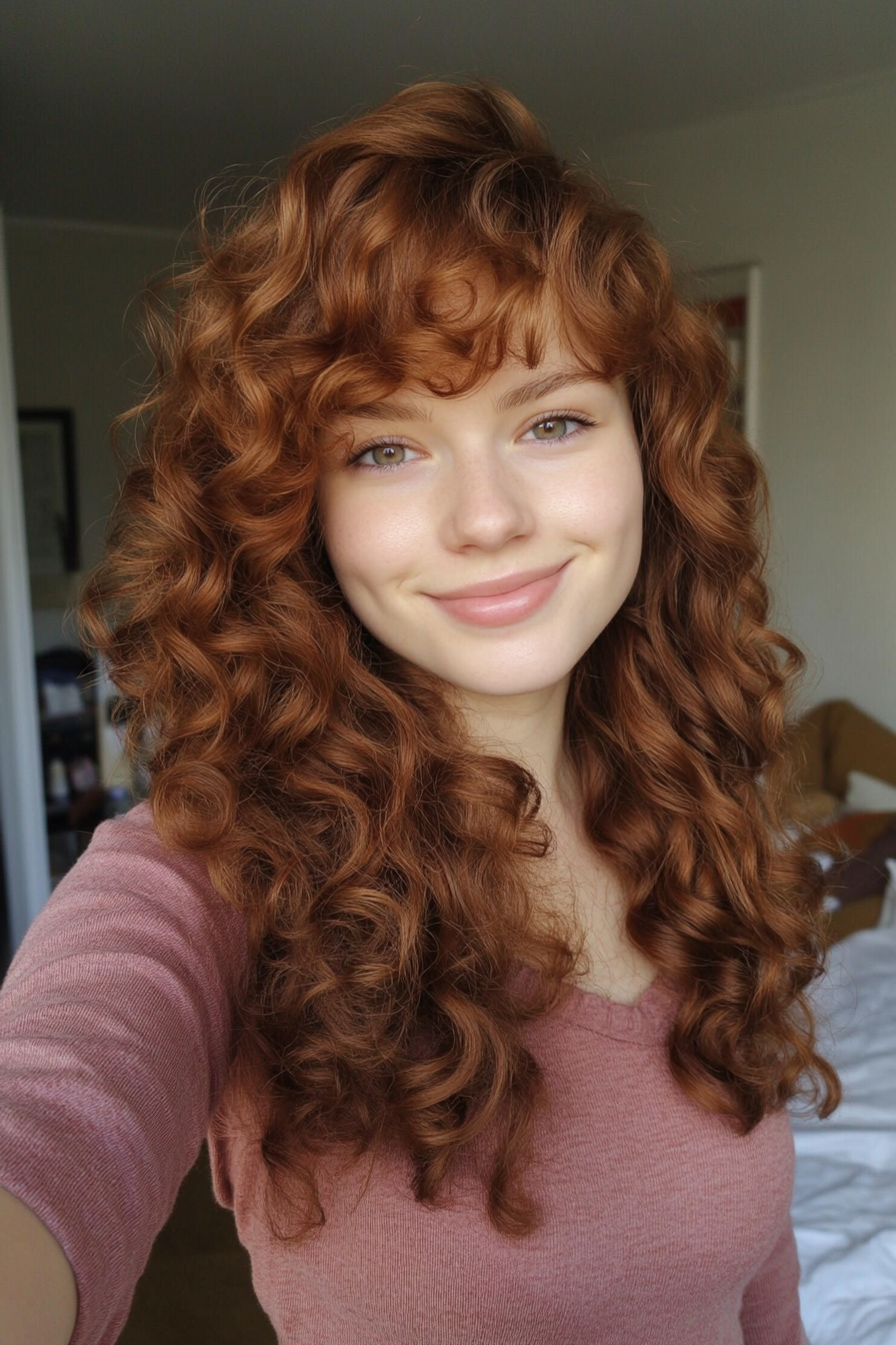23. Romantic Side-Swept Curls in Natural Chestnut (Hairstyles For Curly Hair With Bangs) - Hairstyles For Curly Hair With Bangs