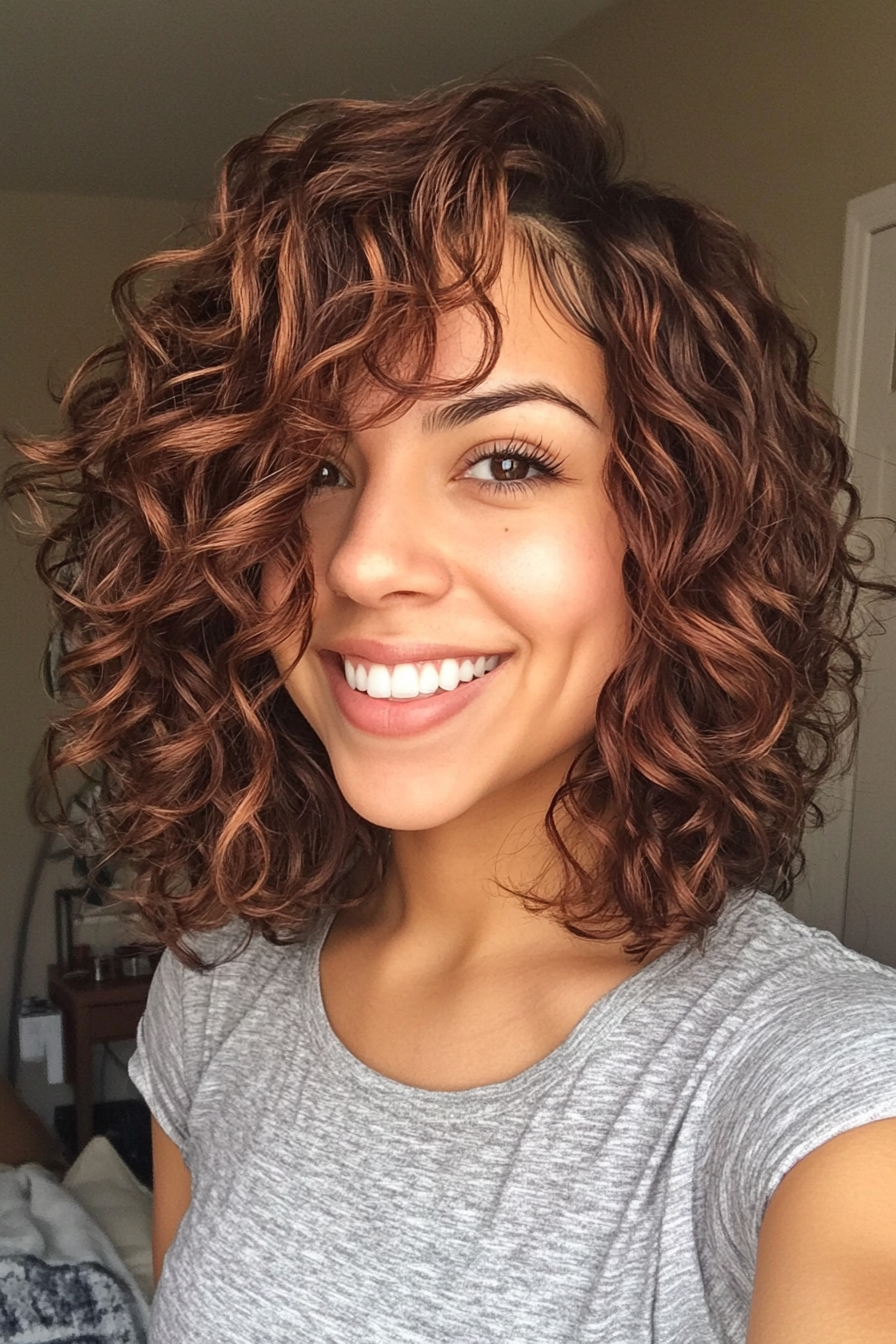 24. Angled Curly Bob with Warm Mahogany Lowlights (Hairstyles For Curly Hair With Bangs) - Hairstyles For Curly Hair With Bangs