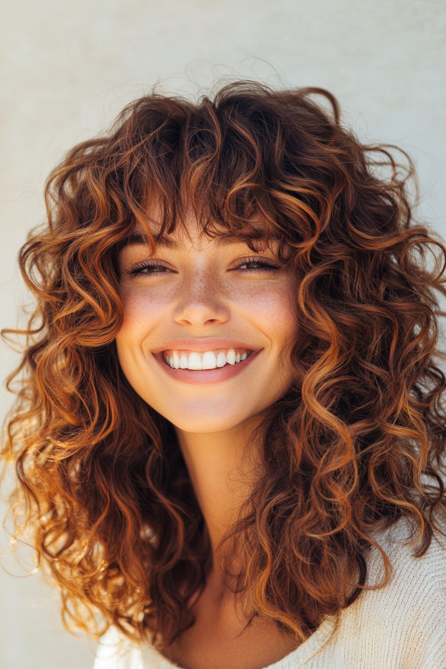 25. Curly Butterfly Cut with Subtle Toffee Highlights (Hairstyles For Curly Hair With Bangs) - Hairstyles For Curly Hair With Bangs