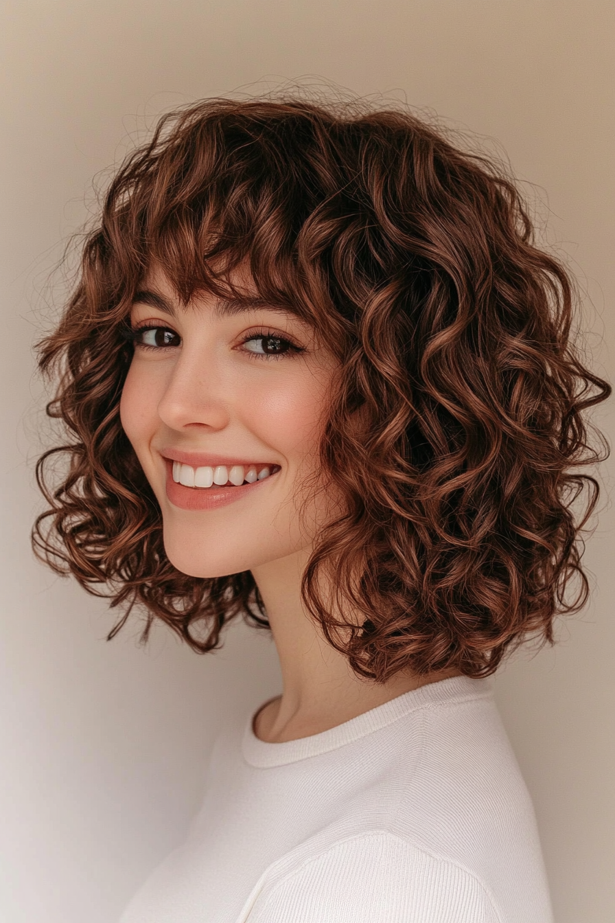 26. Shoulder-Length Barrel Curls with Rich Coffee Tones (Hairstyles For Curly Hair With Bangs) - Hairstyles For Curly Hair With Bangs