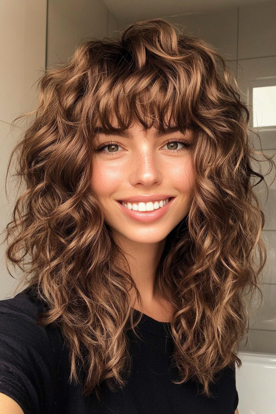 27. Boho-Inspired Textured Layers with Ash Brown Depth (Hairstyles For Curly Hair With Bangs) - Hairstyles For Curly Hair With Bangs
