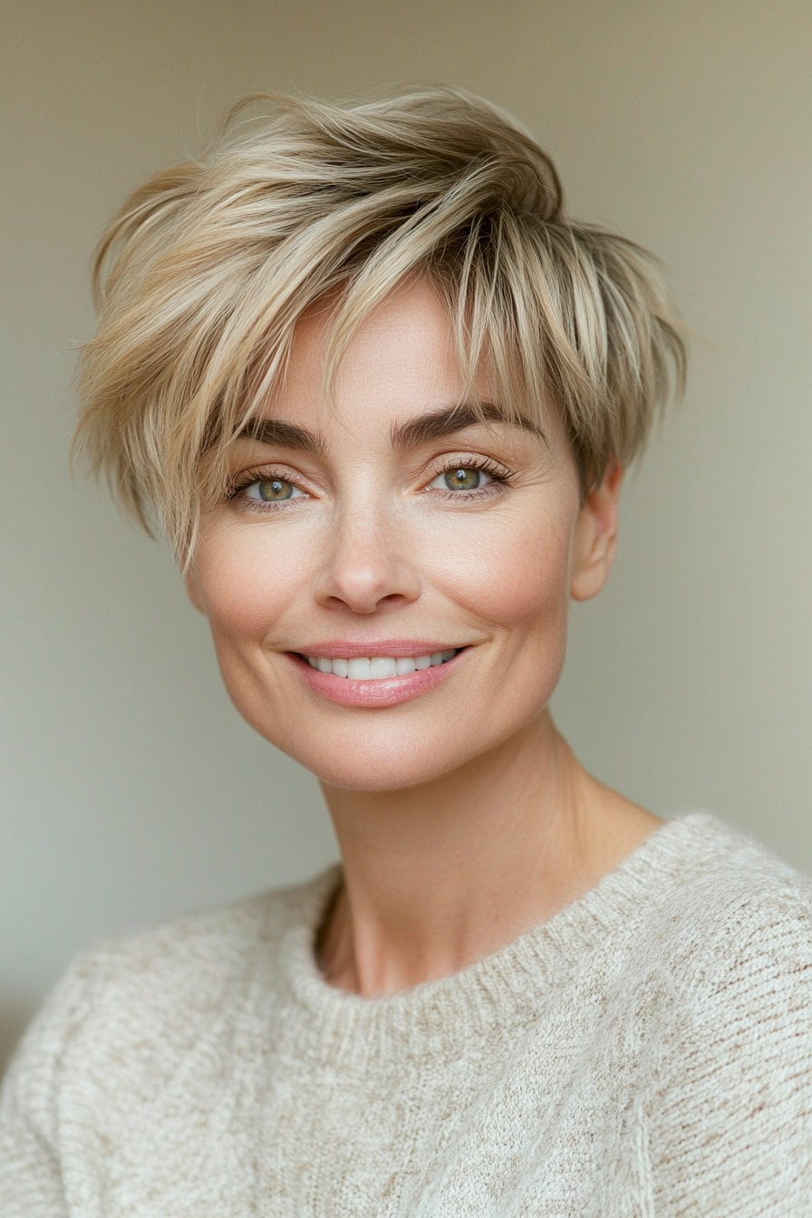 1. Feathered Pixie in Soft Ash Blonde (Hairstyles For Women Over 40 With Fine Hair) - Hairstyles For Women Over 40 With Fine Hair
