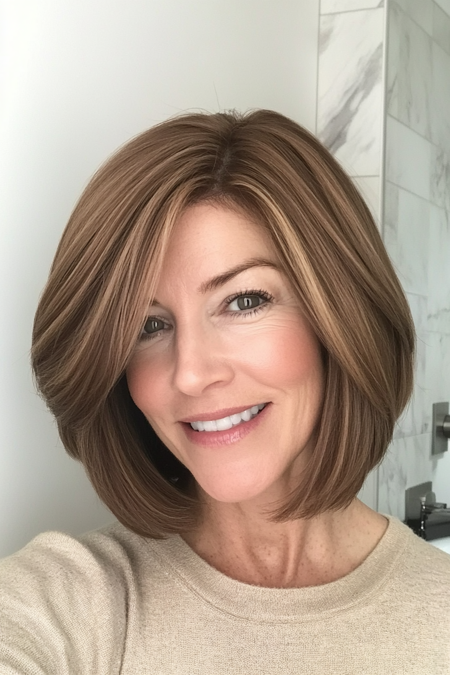 2. Classic Bob with Face-Framing Layers in Warm Chestnut (Hairstyles For Women Over 40 With Fine Hair) - Hairstyles For Women Over 40 With Fine Hair