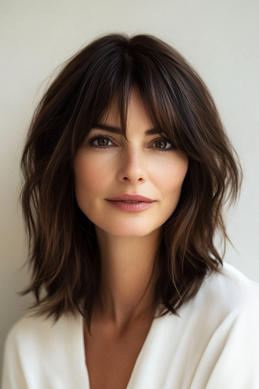 4. Soft Curtain Bangs with a Tapered Lob in Deep Brunette (Hairstyles For Women Over 40 With Fine Hair) - Hairstyles For Women Over 40 With Fine Hair