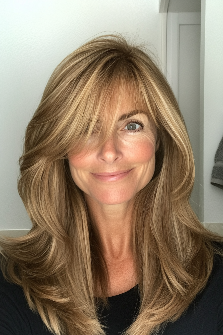 6. Long Layers with Side-Swept Bangs in Warm Caramel (Hairstyles For Women Over 40 With Fine Hair) - Hairstyles For Women Over 40 With Fine Hair