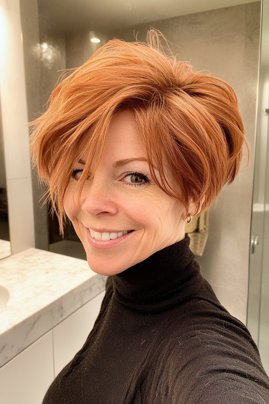 9. Choppy Layered Pixie in Light Copper Brown (Hairstyles For Women Over 40 With Fine Hair) - Hairstyles For Women Over 40 With Fine Hair