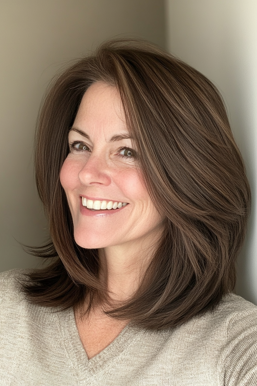 10. Angled Lob with Subtle Layers in Mocha Brown (Hairstyles For Women Over 40 With Fine Hair) - Hairstyles For Women Over 40 With Fine Hair