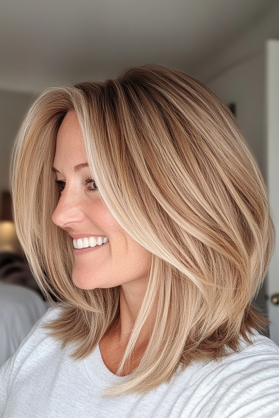 12. Wispy Bob with Soft Highlights in Warm Honey Blonde (Hairstyles For Women Over 40 With Fine Hair) - Hairstyles For Women Over 40 With Fine Hair