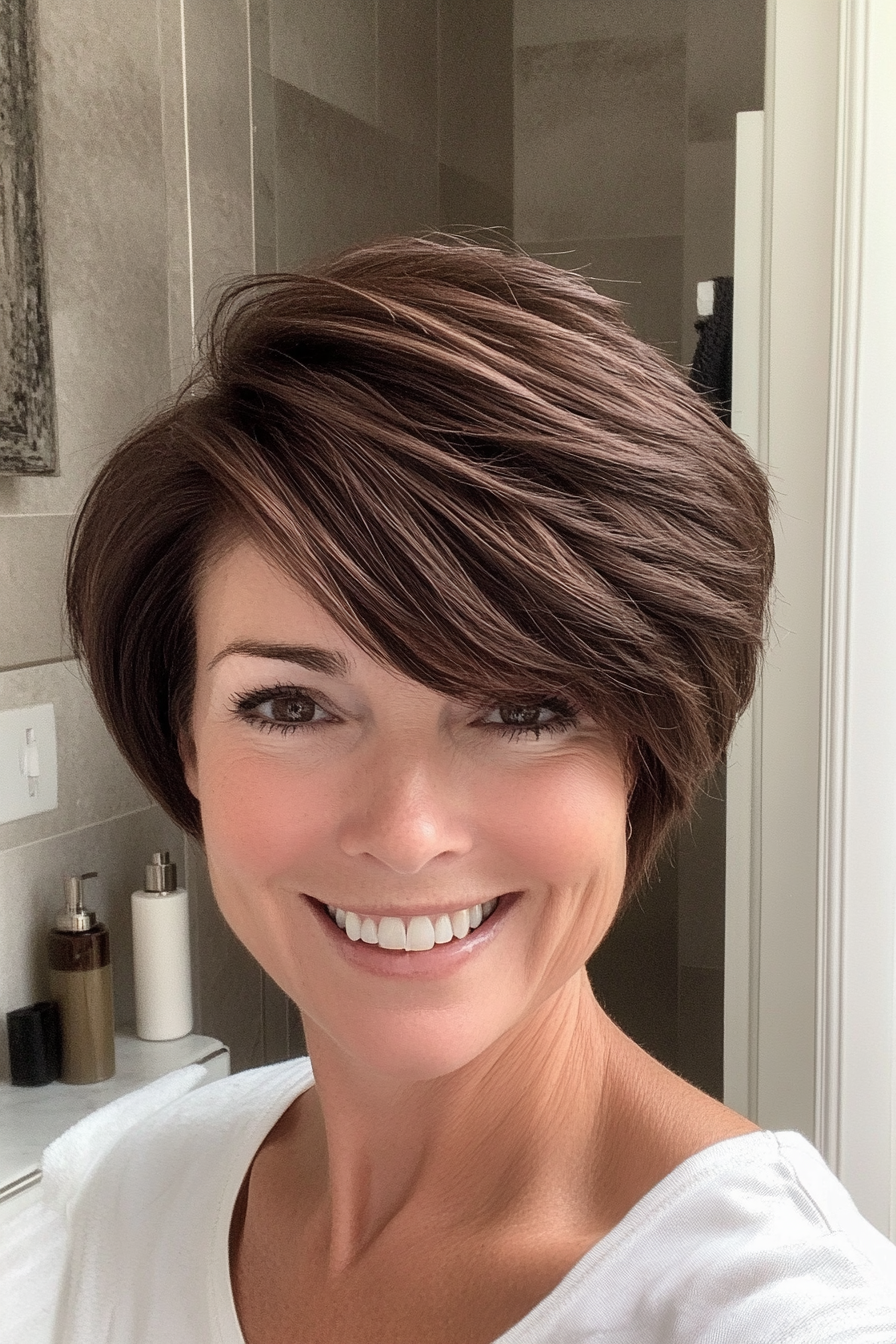 13. Grown-Out Pixie with Side Volume in Dark Chocolate Brown (Hairstyles For Women Over 40 With Fine Hair) - Hairstyles For Women Over 40 With Fine Hair