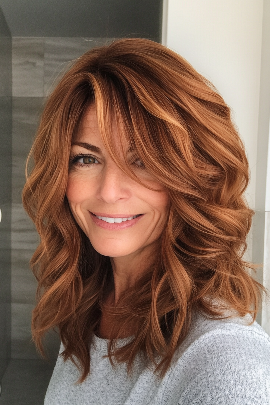14. Layered Shoulder-Length Cut with Tousled Waves in Chestnut Brown (Hairstyles For Women Over 40 With Fine Hair) - Hairstyles For Women Over 40 With Fine Hair
