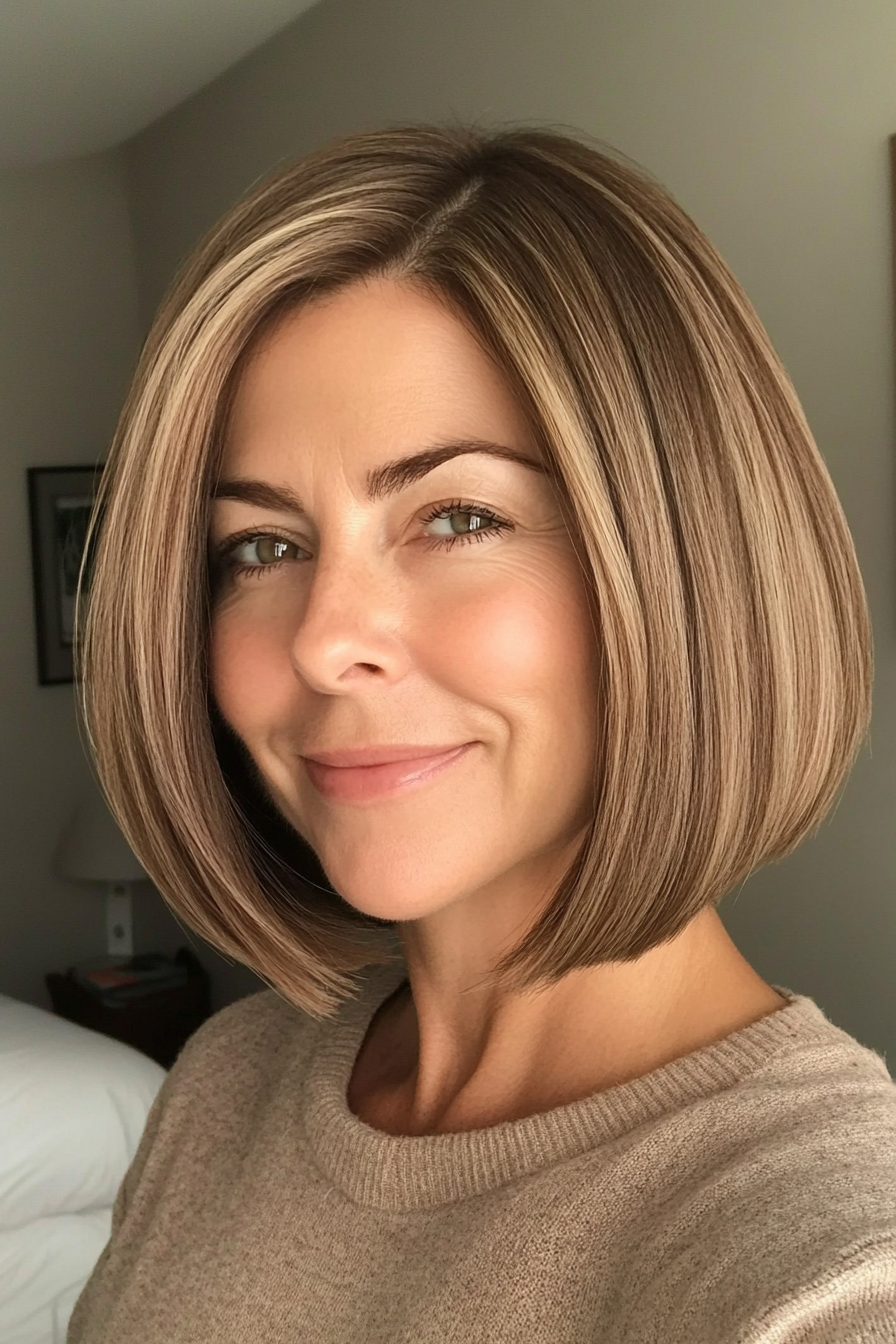 15. Classic French Bob in Natural Light Brown (Hairstyles For Women Over 40 With Fine Hair) - Hairstyles For Women Over 40 With Fine Hair