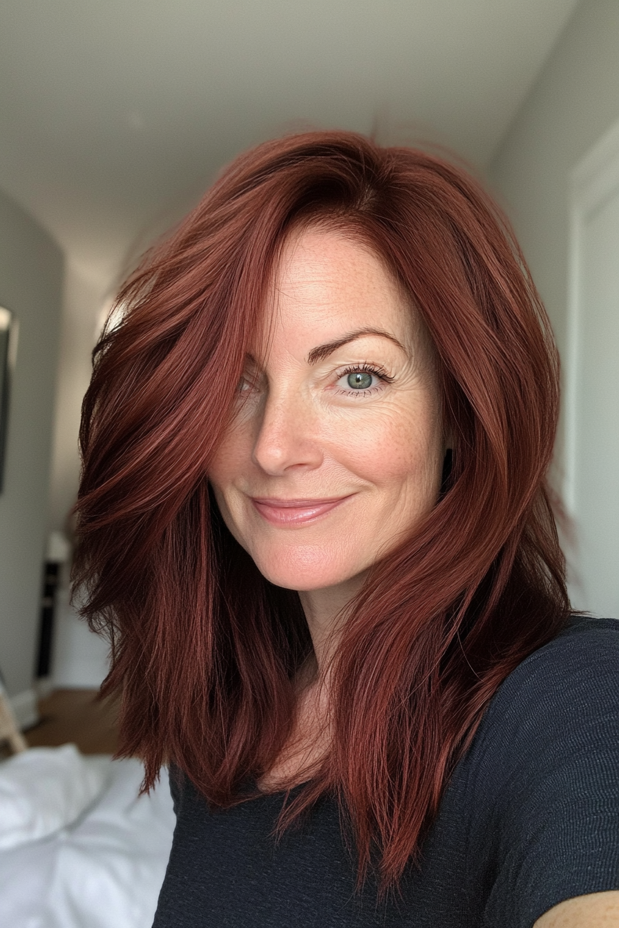 16. Side-Parted Medium Length Cut in Deep Mahogany (Hairstyles For Women Over 40 With Fine Hair) - Hairstyles For Women Over 40 With Fine Hair