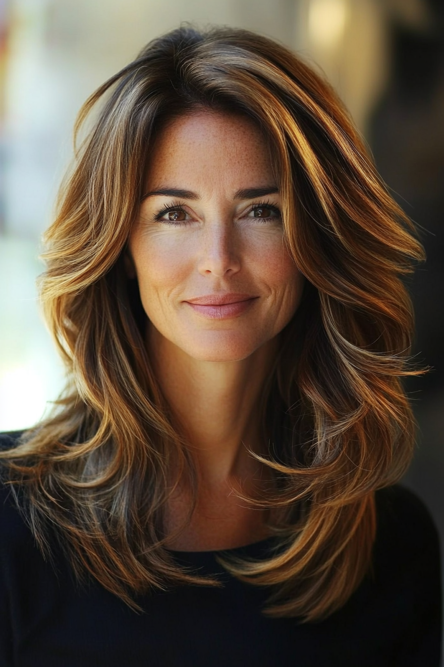 17. Feathered Layers with Soft Waves in Honey Brown (Hairstyles For Women Over 40 With Fine Hair) - Hairstyles For Women Over 40 With Fine Hair