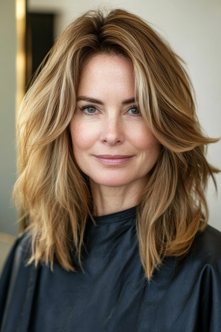 20. Voluminous Shoulder-Length Cut in Golden Chestnut (Hairstyles For Women Over 40 With Fine Hair) - Hairstyles For Women Over 40 With Fine Hair