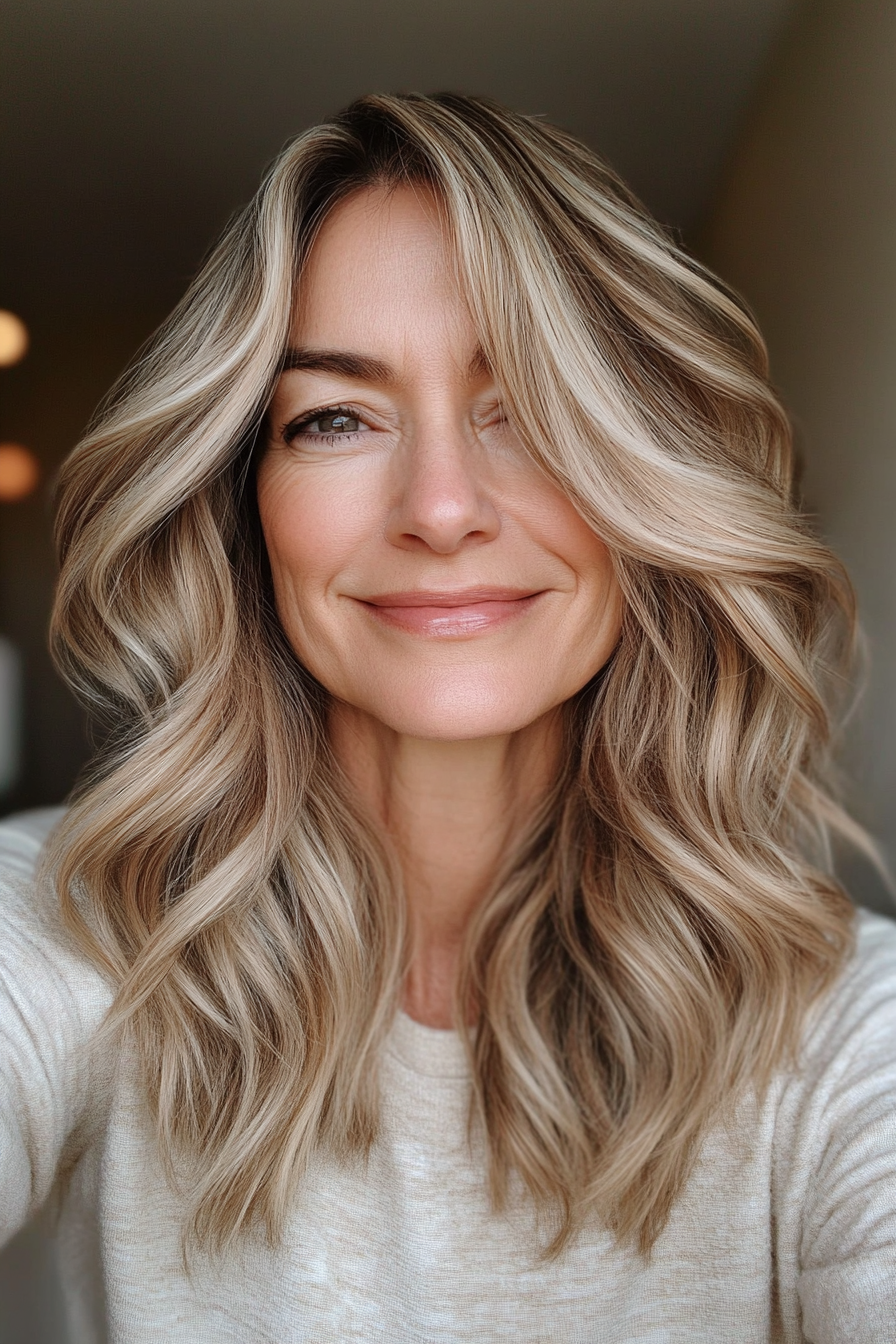 22. Subtle Waves with a Soft Side Part in Dark Honey Blonde (Hairstyles For Women Over 40 With Fine Hair) - Hairstyles For Women Over 40 With Fine Hair